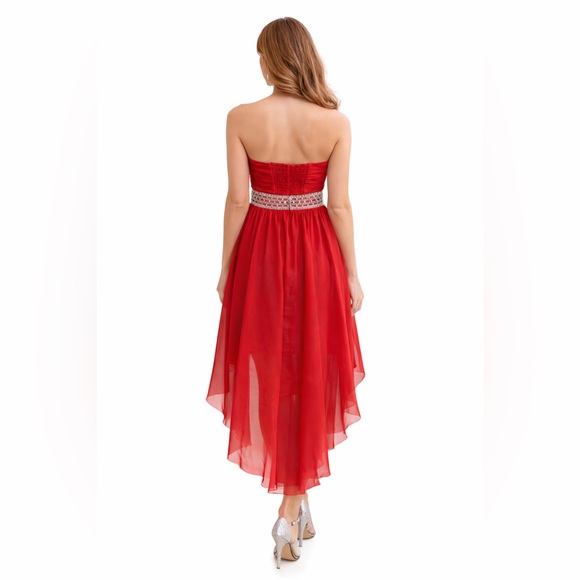 Strapless Red High-Low Chiffon Dress ✨ Rhinestone Waist - Picture 12 of 12